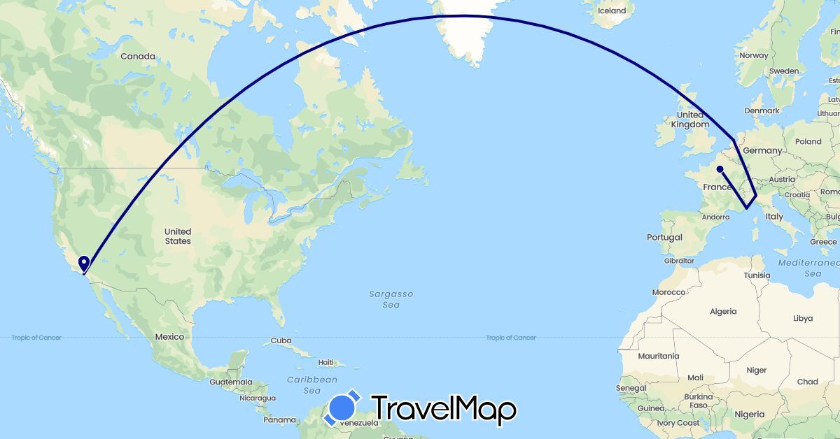 TravelMap itinerary: driving in France, Italy, Monaco, Netherlands, United States (Europe, North America)